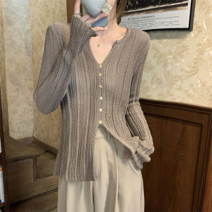 Long Sleeve V-Neck Ice Silk Knitted Top Women Early Autumn Open Split Cover up Lightweight Summer Sun Protection Shirt Thin Style