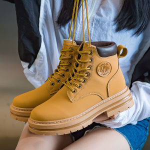 Large Size Yellow Martin Boots Womens Shoes New Trend Spring Fleece Lined Bee Kickable Short Boots Cross Buckle Waterproof