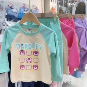 Đồ bộ dài tay mặc ngủ gấu dâu cho bé gái đồ thun mặc ngủ cho bé gái