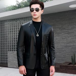 Fashionable Slim Fit Genuine Sheepskin Leather Jacket Mens Autumn Winter Stylish Motorcycle Coat Plover Brand Straight Hemline
