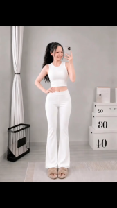 Set áo croptop sát nách cổ tròn kèm quần dài ống loe KVYBODY S80 chất thun cotton borip lụa dày mịn co giãn