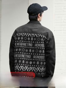 Black Printed Collar Jeans Jacket for Men Spring Autumn New Arrival Casual Loose Fit Long Sleeve Single Button Closure Coat