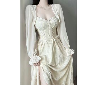 ชุดเดรสยาวแขนกุดสไตล์ฝรั่งเศสสำหรับผู้หญิงชุดสองชิ้นสำหรับวันหยุดฤดูร้อนชายหาดสไตล์นางฟ้า เสื้อคลุมผู้หญิง