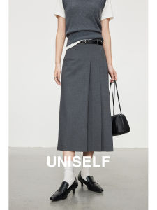 Uniself Classic Retro Single Side Pleated Mini Skirt Womens Autumn New Design Straight A-Line Skirt High Waist Polyester Fiber