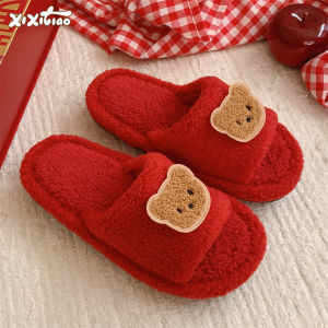 Dép Đi Trong Nhà Màu Đỏ Dễ Thương Cho Cặp Đôi Mới Cưới Dép Đi Trong Nhà Bằng Vải Cotton Mùa Đông Cho Nam Và Nữ Dép Đi Trong Nhà Có Đế Bằng PVC Ấm Áp