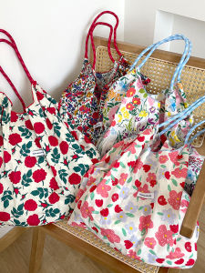 Large Capacity Floral Canvas Tote Bag Drawstring Single Shoulder Bag Casual Ins Style Shopping Bag Handbag Casual Tote