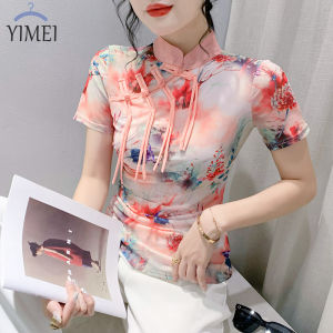 Yimei Áo Thun Nữ sườn xám có nút sang trọng kiểu Trung Quốc thiết kế cao cấp áo thun lưới ngắn tay mùa hè mới 2023 áo cánh in họa tiết thanh lịch cho nữ