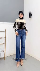 Celana Jeans Wanita Highwaist Cutbray Myra Panjang Stretch Model Terbaru Ripet Kekinian