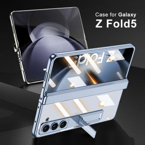 Magnetic Hinge Z Fold 5 6 7 Clear Case Standing Cover Metallic Chrome Samsung Galaxy Z Fold6 Fold7 Casing All-Round Protection Anti-Drop Transparent Phone Case with Tempered Glass