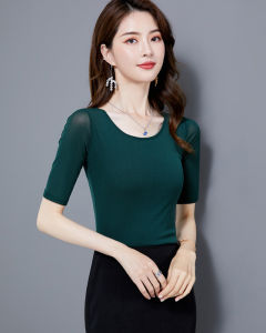 Spring 2026 New Simple Pure Color Mesh Base Shirt round Neck Short Sleeve T-Shirt Women Half Sleeve Top Net Shirt Casual Commute Style Slim Fit Polyester Fiber