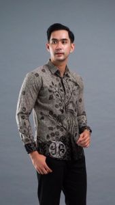 HANDARA BATIK JATRA ABU HITAM HB-505 Kemeja Batik Premium Pria Lengan Panjang Slim Fit Lapis Furing