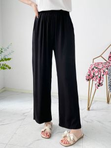 หลวม ผ้าฝ้าย ผ้าไหม ขากว้าง กางเกง ผู้หญิง ฤดูร้อน บ้าน ลำลอง กางเกงขายาว ประดิษฐ์ ผ้าฝ้าย บางส่วนสูง เอว กระเป๋าเสื้อ รายละเอียด