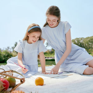 XIANGYING | Flattering Waist Blue Summer New Arrival Soft Style Short Sleeve Crew Neck Cotton Dress