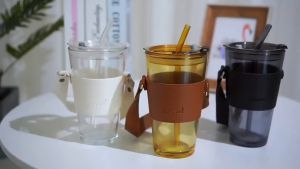 MIKONOS GELAS KOPI TUMBLER KACA DENGAN TALI 450ML FREE CASE DAN SEDOTAN MUG BELING AESTHETIC