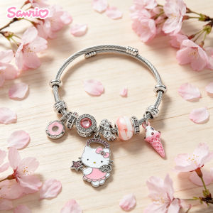 Sanrio | Cute Hello Kitty Charm Bangle Zinc Alloy with Ice Cream & Donut Charms Adjustable Silver Wire Bracelet for Girls
