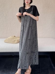 Plus Size Black Fake Two Pieces Suspender Dress Summer Fat Sister K-style Loose T-shirt Skirt Long Retro Dress