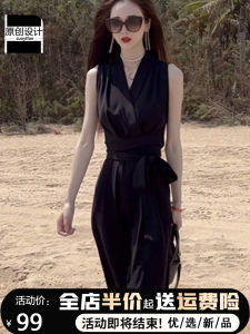 Elegant Black One-Piece Pantsuit for Women Sleeveless Casual Fashion High Waist Wide Leg Commute Style Long Pants