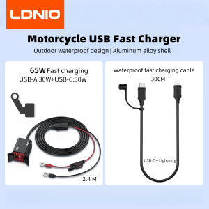 LDNIO Motorcycle USB C Fast Charger PD+QC3.0 60W Waterproof Socket Type C Cell Phone 12V/24V Vehicle-Mounted Charger Adapter