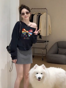 Loose Fit Printed Long Sleeve Womens Hoodie Shoulder Bows Casual Autumn Fashionable Korean Style Comfortable Cotton Blend