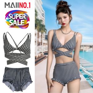 ชุดว่ายน้ำผู้หญิง ทูพีซ ขาสั้นลายฮาวด์สทูธ ดีไซน์ไขว้หลัง เซ็กซี่น่ารัก ใส่สบายแฟชั่นริมทะเล/สระน้ำ