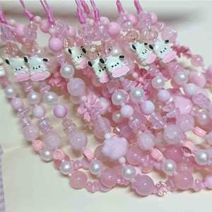 Sweet Lucky Dog Pink Mobile Phone Chain Beaded Mobile Phone Lanyard Lucky Charm Adorable Dog Design Digital Accessory