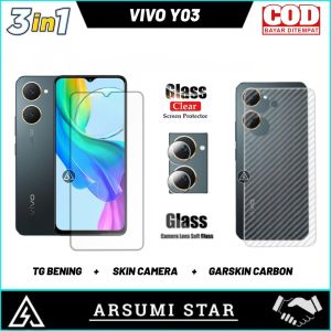 Paket 3in1 Tempered Glass Privacy VIVO Y03 Pelindung Layar Anti Gores Ceramic Spy Full Layar Screen Protector Anti Pecah Anti Intip + Skin Camera + Garskin Carbon 3D