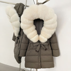 Áo Khoác Lông Thú Thật OFTBUY Dành Cho Nữ Với Mũ Lông Cáo Áo Phao Lông Vũ Trắng Kiểu Dáng Thường Ngày Dày Dặn Thời Trang Chất Liệu Vải Nhớ Dáng Mùa Đông