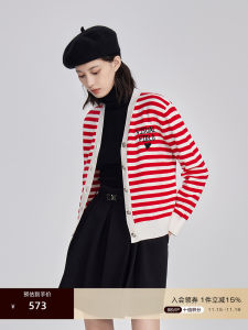 OBEG Red Stripe Vintage Woolen Knitted Short Cardigan Womens Outerwear New Years Fashion V-Neck Button Sleeve Long Coat