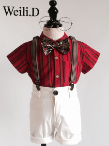 ชุดเดรสพิธีปีหนึ่งชาย สีแดง ชุดเดรสเด็กชาย เดรสเด็กชาย ชุดเดรสเด็กชาย สไตล์อังกฤษ แขนสั้น คอตั้ง เดรสเด็กชาย