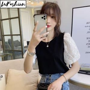 LuFashion Blouse for Women Summer Cotton Lace Bubble Sleeve Casual Tops