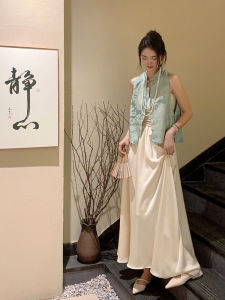 New Chinese Style Womens Vest Dress Set Cold Tone Whole Set Buddhist Style Zen Feeling Autumn Season Fashion Silk Top