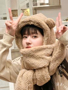 Cute Bear Ear Cap Scarf Two-Piece Set Womens Autumn Winter Warm Versatile Neck Warmer Fashion Accessories