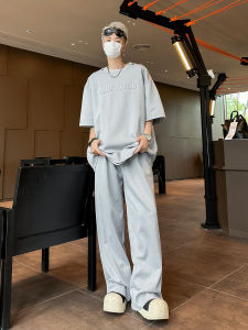 Summer Loose-Fitting Casual round-Neck Suit Mens Oversize Trendy Youth Sports Easiest for Match T-shirt Pants Matching