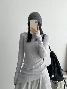 SunYeo Long Sleeve Soft Cut Mixed  Silk Slim Fit Lightweight Versatile Base Shirt Commute Style round Neck T-shirt