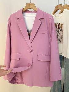 Áo khoác vest nữ AMILUCK màu hồng dài tay cổ đứng nút đôi cotton