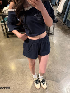 Quần Short Thể Thao Cotton Mỹ Màu Xanh Lam Cho Nữ Mùa Hè Cạp Cao Dáng Chữ a Quần Ống Rộng Thường Ngày Cho Nữ