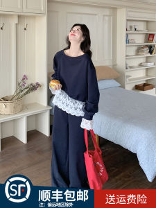 Lace Patchwork Sweatshirt Set Womens Spring Autumn New Casual Sport High-End Wide Leg Pants Two-Piece Set Fashionable Ensemble