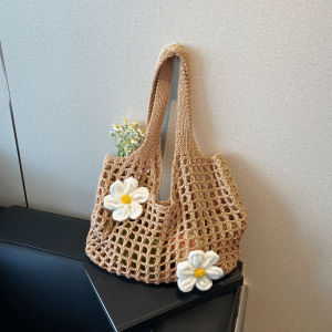 Womens Large Capacity Solid Color Crochet Tote Bag Knitted Hollow Design Fashionable Beach Shopping Bag for Travel And Vacation
