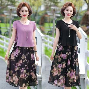 Summer Fashion Floral Print Short Sleeve Midi Skirt Dress Thin Chiffon Womens Dress Korean Style round Neck Loose Fit Dress