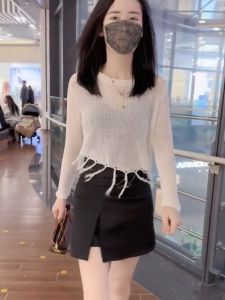 Thin Ice Silk Knitted Top Womens Summer New Fashion Age-Defying Outerwear Tassel Trim Korean Style Long Sleeve Crew Neck