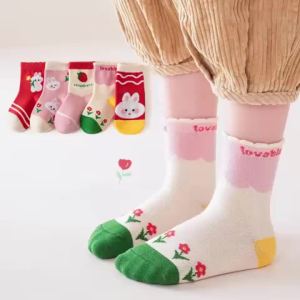 5 Pairs Childrens Socks Spring Autumn Breathable Cartoon Kids Middle Tube Sock Child Girls Boys Sports Polyester Socks 1-12 Yrs