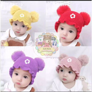Kupluk Bayi Perempuan Pom-Pom Renda Rajut Korea Usia 1 Bulan & 3 Tahun