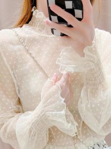 Womens Wooden Ear Lace Bottoming Shirt Spring Autumn Underwear Fashion Trendy Trumpet Sleeve Gauze Clothes White Turtleneck Mesh Top