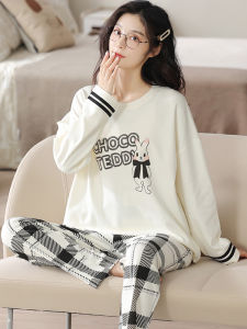 ชุดนอนผู้หญิงแขนยาวผ้าฝ้ายแท้ฤดูใบไม้ผลิและฤดูใบไม้ร่วง ชุดนอนผู้หญิงไซส์ใหญ่ ชุดอยู่บ้าน ชุดนอนผู้หญิงลายการ์ตูน