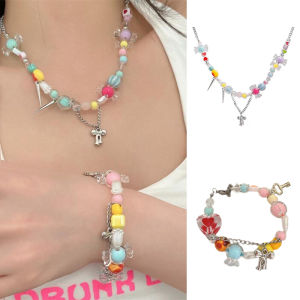 Nicedays🍒Rainbow Candy Kalung Retro Gadis Pedas Tulang Selangka Rantai Y2k Gaya Gelang Manik