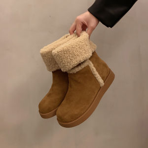Trendy Winter Snow Boots Womens Flip-Cuff Fleece-Lined Anti-Slip Warm Mid-Calf Short Boot Northeast Big Cotton Shoes
