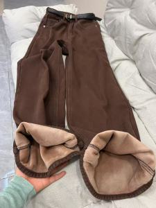 กางเกงยีนส์ขากว้างเอวสูงหนาแบบหนาปะการังสไตล์ย้อนยุคสำหรับผู้หญิงในฤดูหนาว กางเกงขายาวทรงตรงทรงหลวมกันหนาว