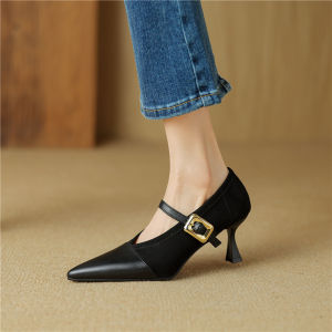 เรียบหรู สไตล์ฝรั่งเศส รองเท้าส้นสูงพื้นผิวกํามะหยี่รองเท้าเดี่ยว สีดำ Pointed Toe Office Commute ทันสมัย บาง สายคล้อง สบาย