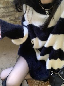 Laid-Back Striped Knit Sweater for Women Cozy Mink Velvet Pullover with Low Round Neck Long Sleeves Ideal for Autumn and Winter