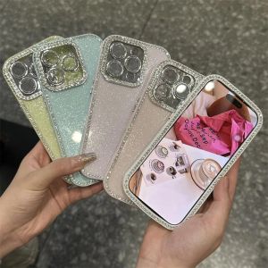 Luxury Flash Diamond Lens Film Powder Jelly Compatible with Apple 16ProMax Dopaamine Phone Case iPhone 15 Premium Feeling 14pro Internet Celebrity 13pm Full Edge Embedded Diamond New Protective Cover